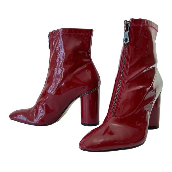 NEW Zara Red Wine Faux Patent Leather Round High Heel Ankle Boots Booties - Picture 2 of 12